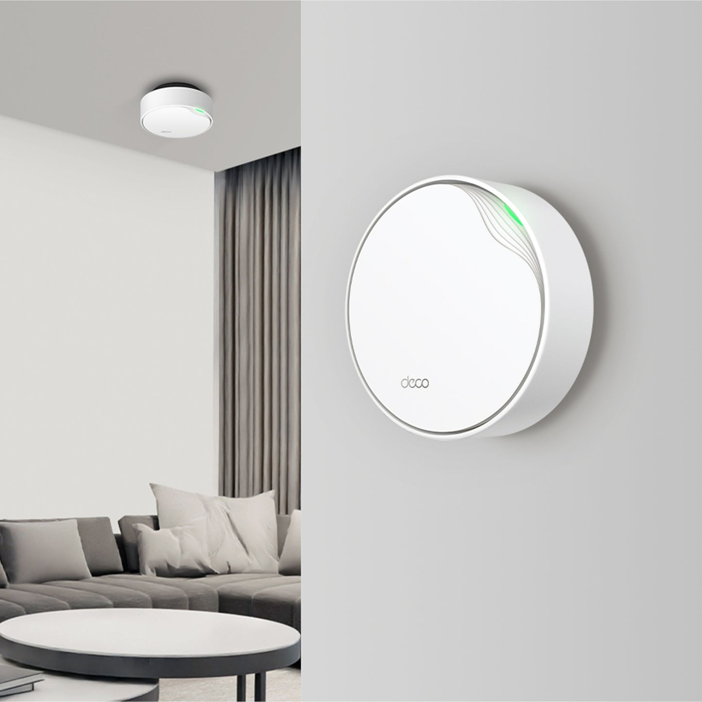 Tp-Link Deco X50-PoE AX3000 mesh WiFi 3-pakke, hvide med grønne lys monteret på væg og loft.