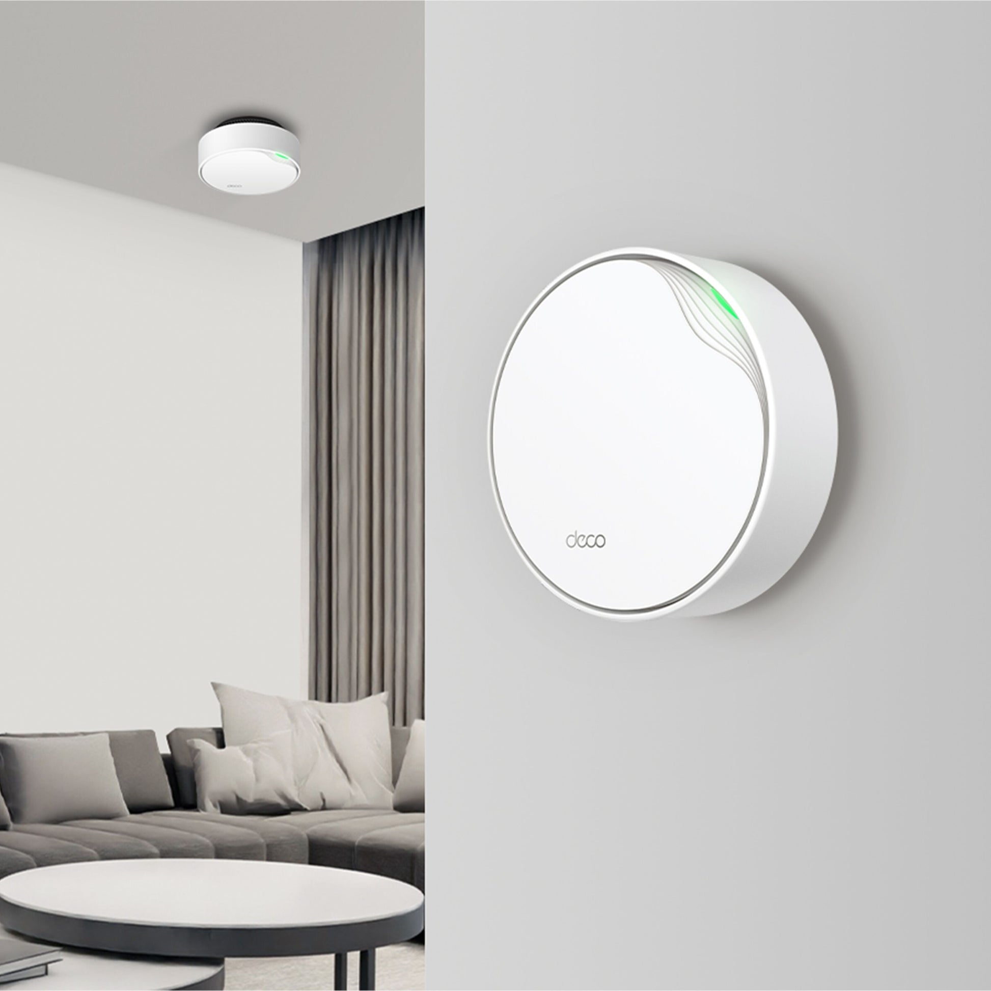 Tp-Link Deco X50-PoE AX3000 mesh WiFi 3-pakke, hvide med grønne lys monteret på væg og loft.