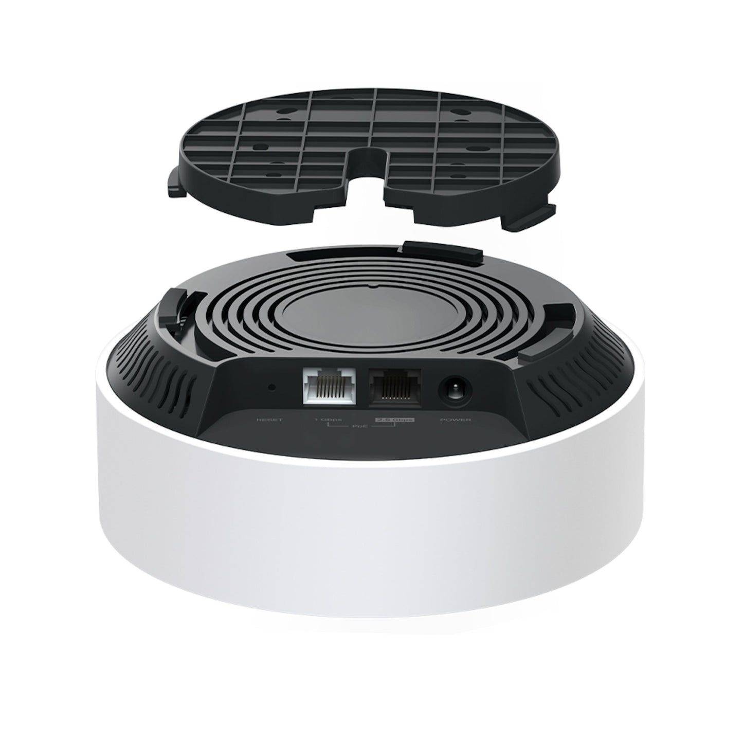 TP-Link Deco X50-PoE AX3000 hvid rund enhed uden top, synlige PoE Ethernet og strømporte bagpå.