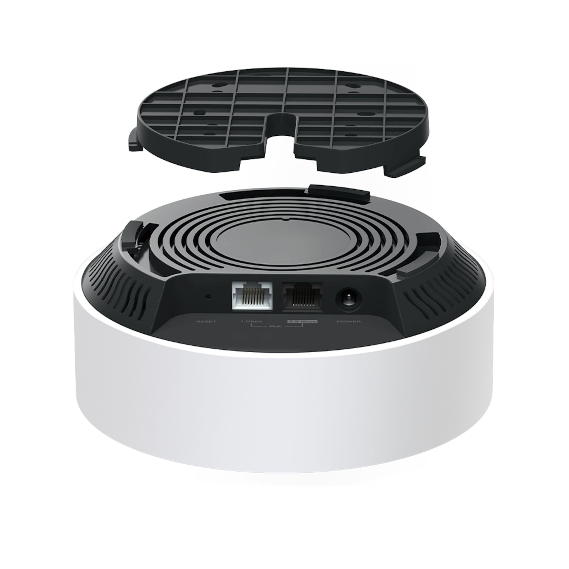 TP-Link Deco X50-PoE AX3000 hvid rund enhed uden top, synlige PoE Ethernet og strømporte bagpå.