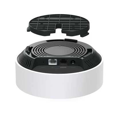 TP-Link Deco X50-PoE AX3000 hvid rund enhed uden top, synlige PoE Ethernet og strømporte bagpå.