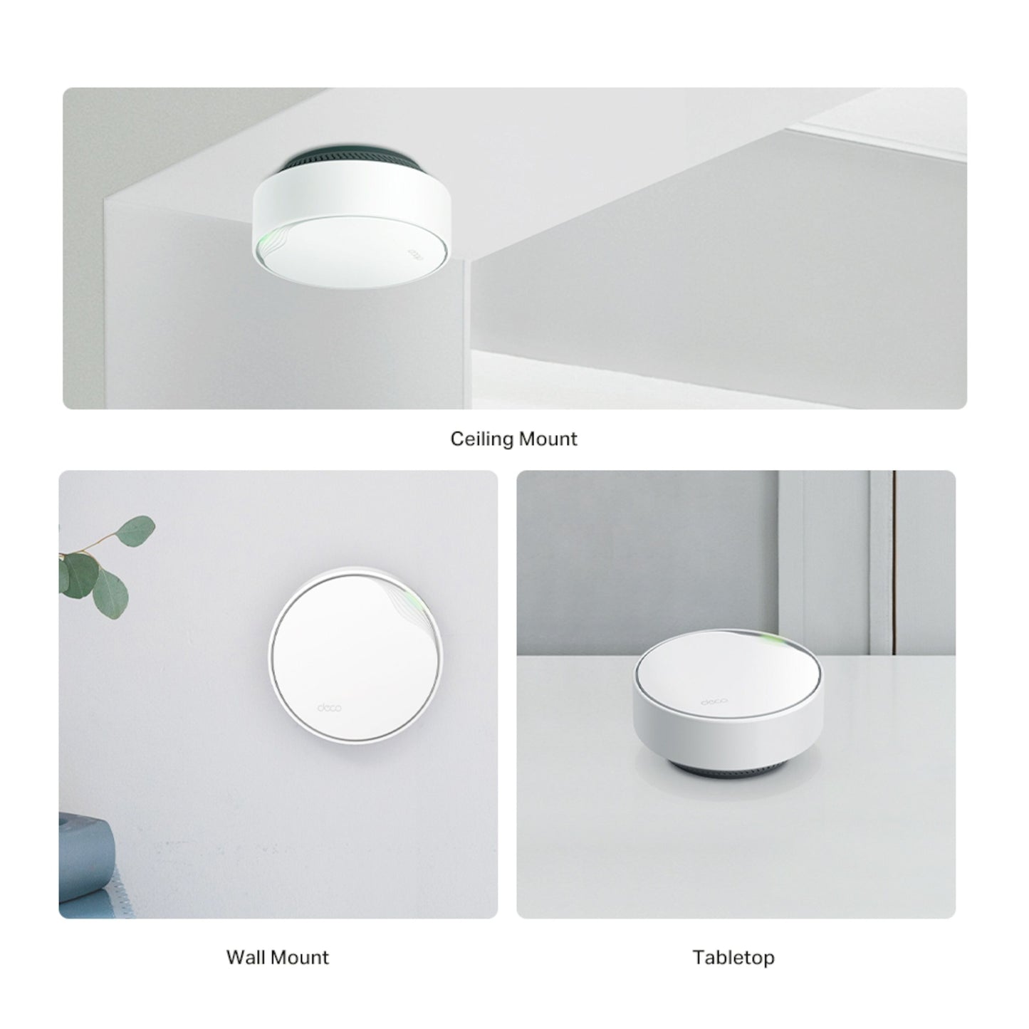 TP-Link Deco X50-PoE AX3000 3-pak hvid WiFi 6 mesh, vises monteret i loft, på væg og bord, PoE Ethernet-port.