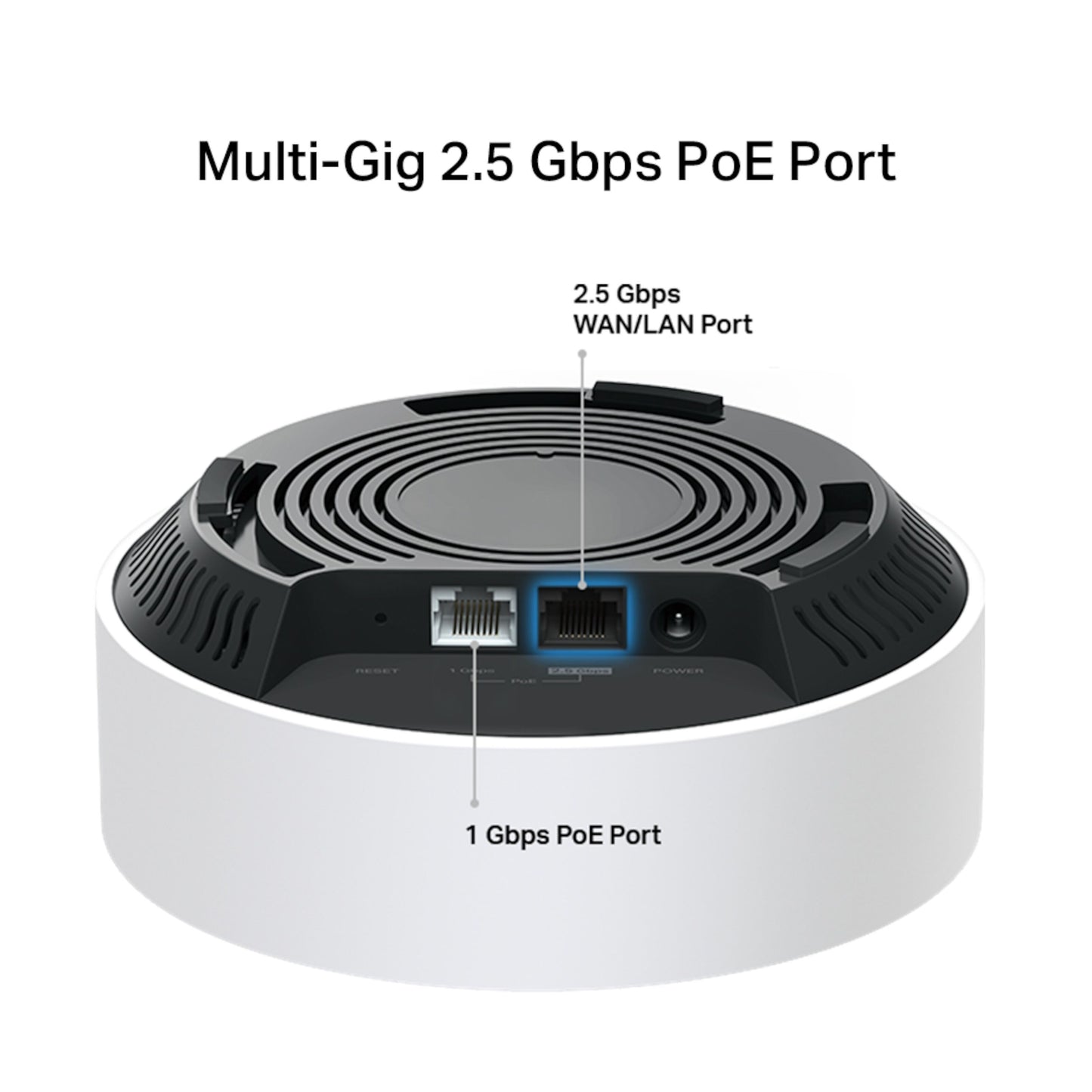 Deco X50-PoE AX3000 3-pakke, rund form, bagpå 2,5 Gbps WAN/LAN PoE og 1 Gbps Ethernet-port, Multi-Gig PoE.