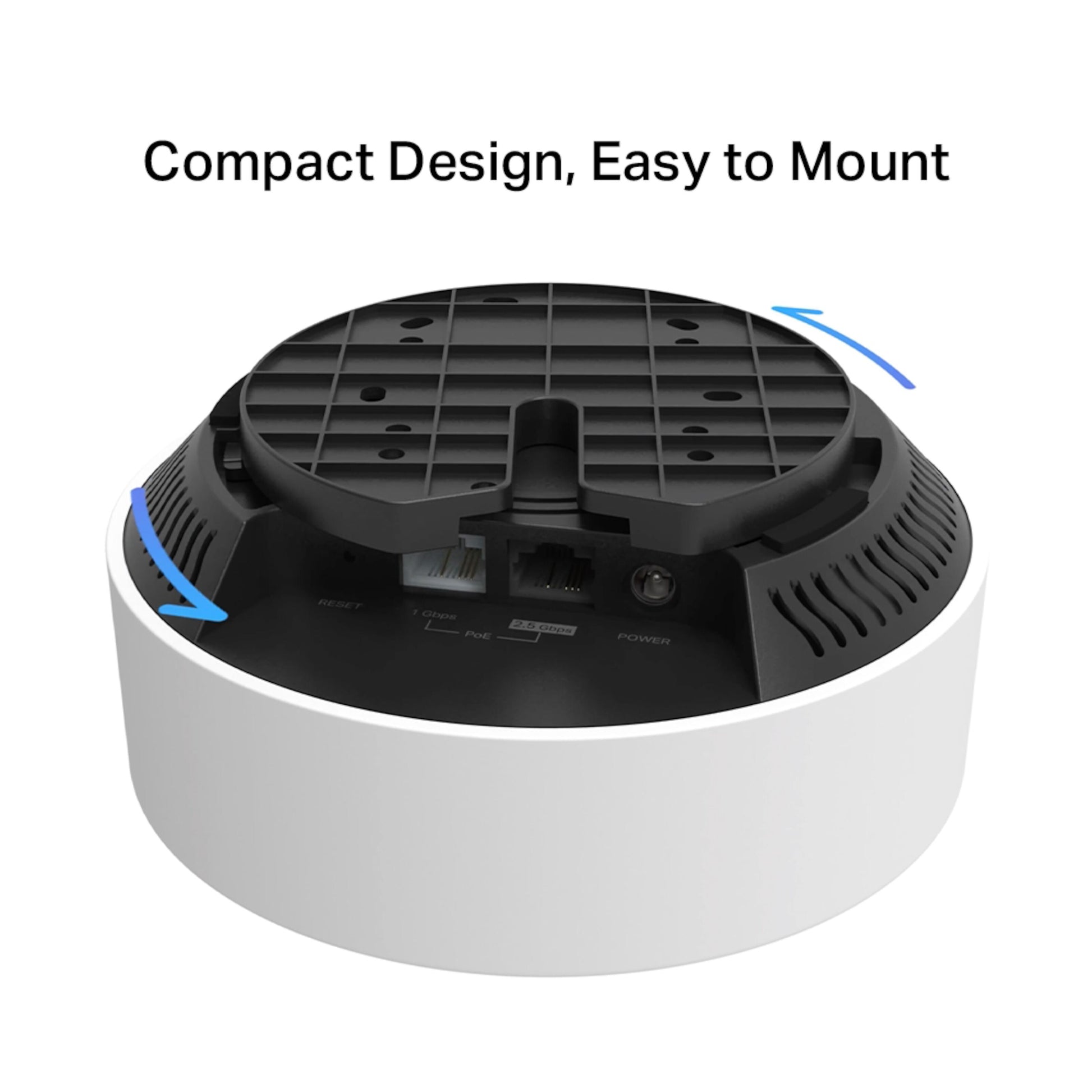 TP-Link Deco X50-PoE AX3000 3-pak kompakt rund enhed med sort monteringsplade og PoE Ethernet-porte, WiFi 6 mesh.