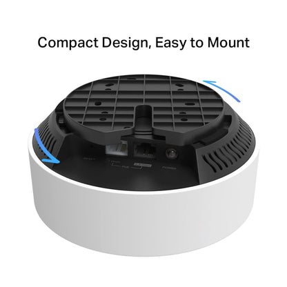 TP-Link Deco X50-PoE AX3000 3-pak kompakt rund enhed med sort monteringsplade og PoE Ethernet-porte, WiFi 6 mesh.