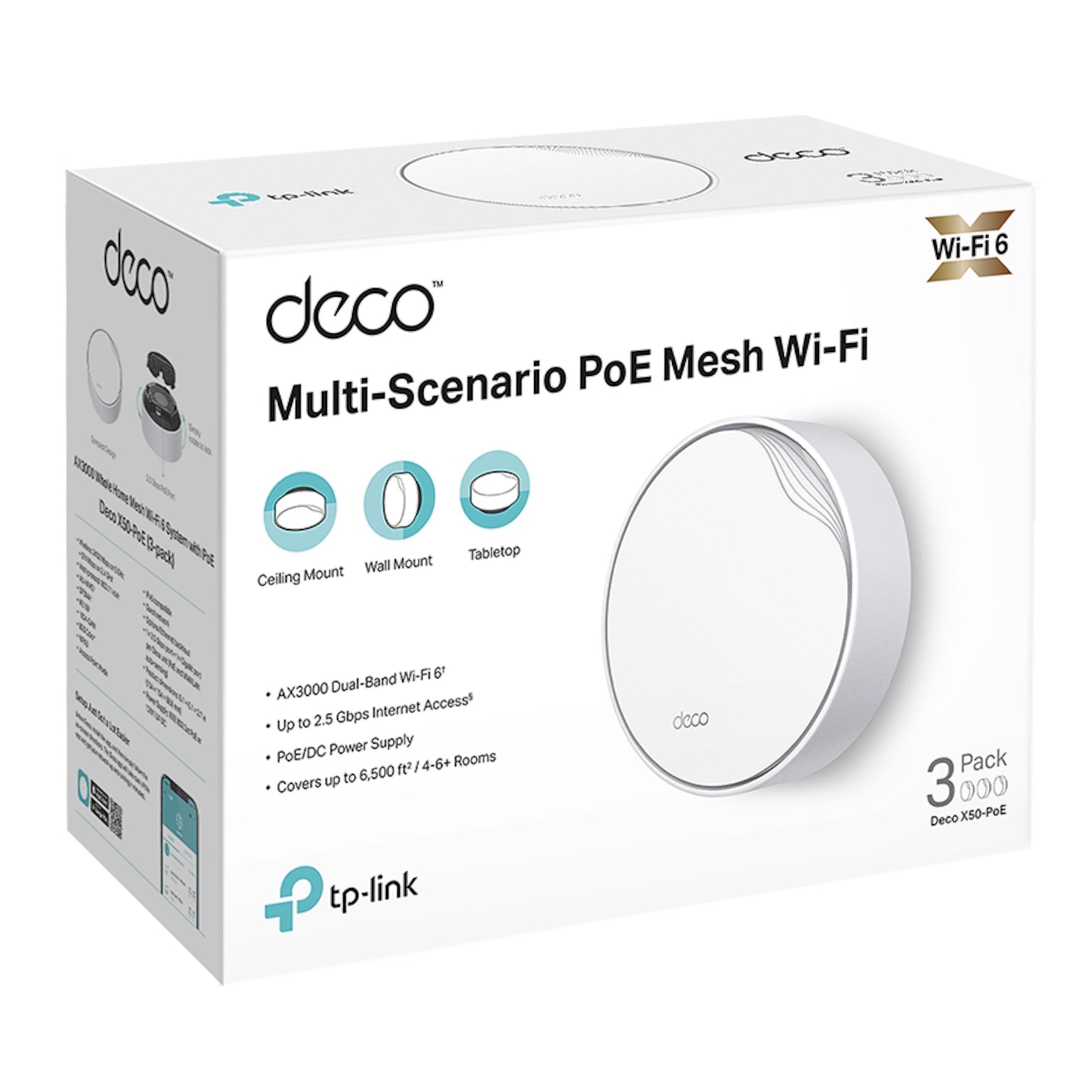 Tp-Link Deco X50-PoE AX3000 3-pak WiFi 6 mesh, hvid enhed, PoE Ethernet support, ikoner til loft/væg/bord montering.