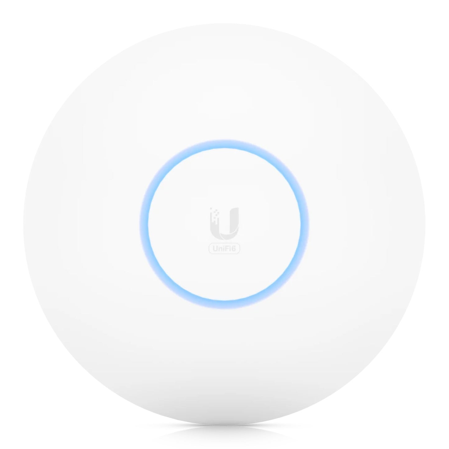 Ubiquiti Unifi 6 Pro AX5300 rundt hvidt access point med blå lysring og UniFi logo, WiFi 6.