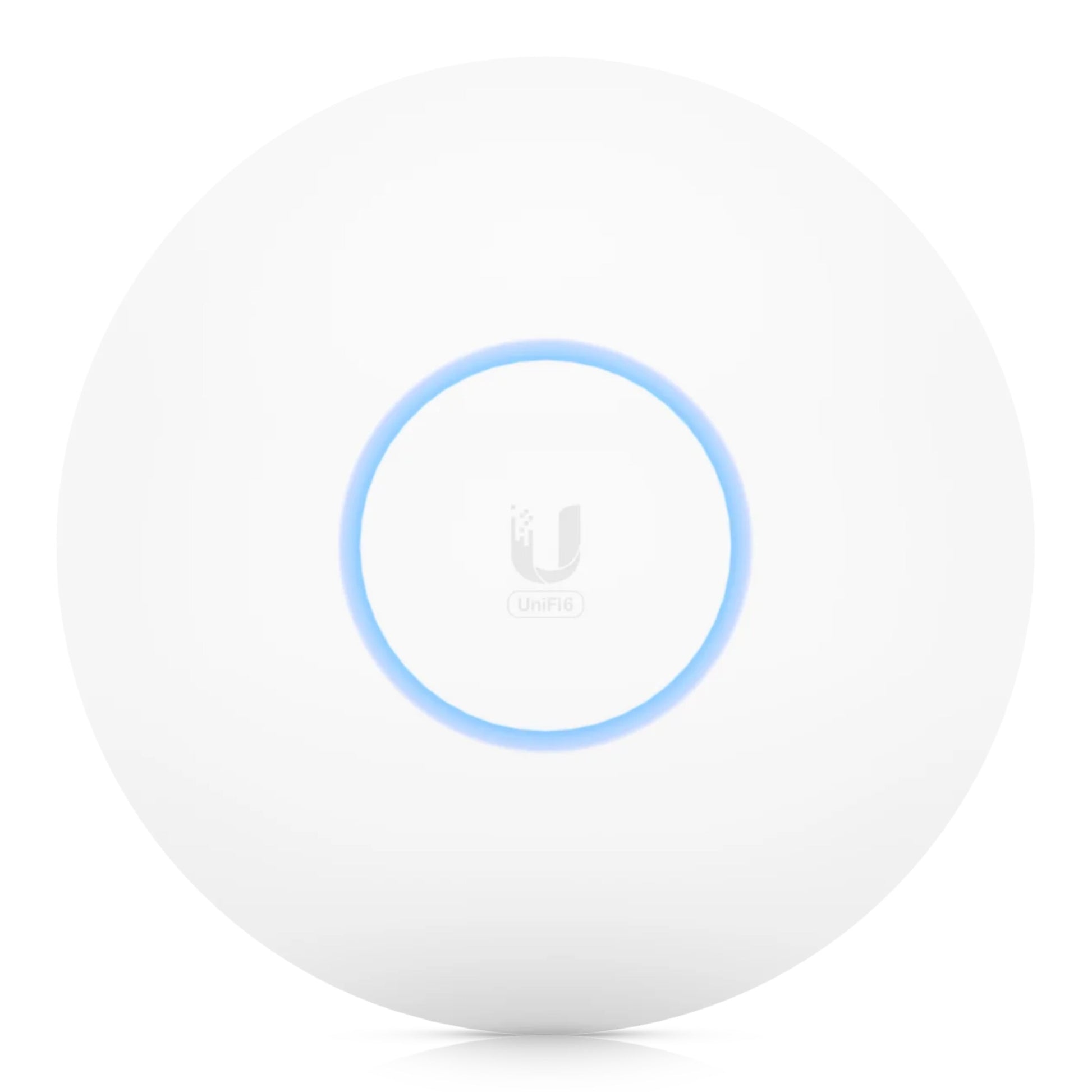 Ubiquiti Unifi 6 Pro AX5300 rundt hvidt access point med blå lysring og UniFi logo, WiFi 6.
