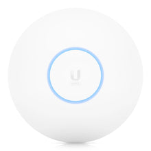 Ubiquiti Unifi 6 Pro AX5300 rundt hvidt access point med blå lysring og UniFi logo, WiFi 6.