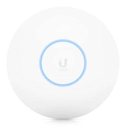 Ubiquiti Unifi 6 Pro AX5300 rundt hvidt access point med blå lysring og UniFi logo, WiFi 6.
