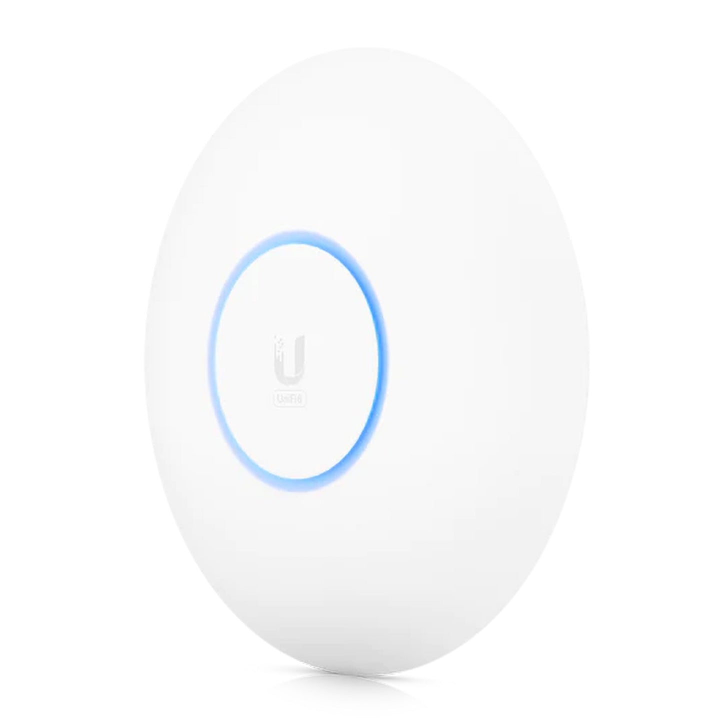 Ubiquiti Unifi 6 Pro AX5300 adgangspunkt, hvid, rund WiFi 6-enhed med blå lysring og centralt logo.