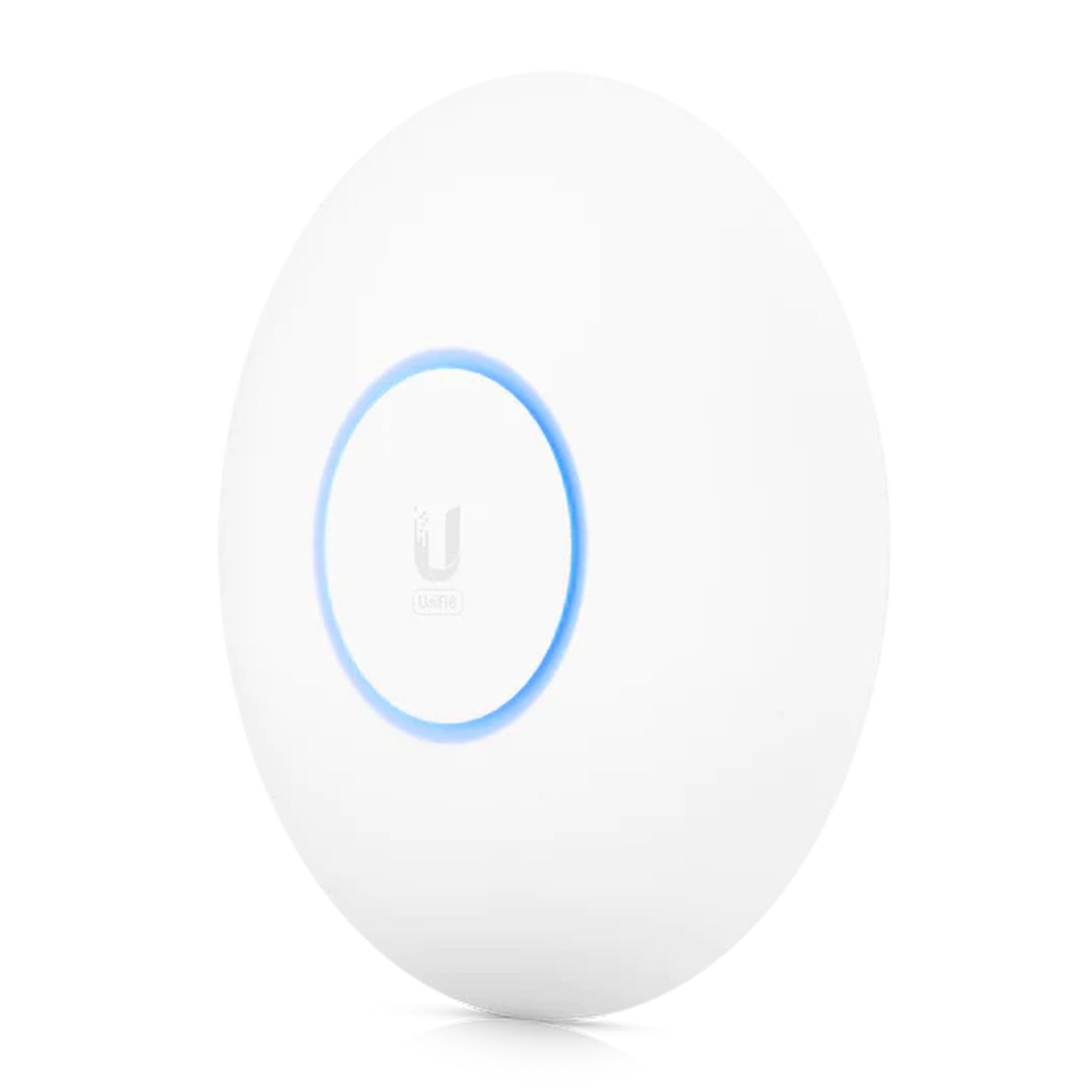 Ubiquiti Unifi 6 Pro AX5300 adgangspunkt, hvid, rund WiFi 6-enhed med blå lysring og centralt logo.