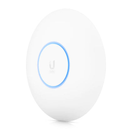 Ubiquiti Unifi 6 Pro AX5300 adgangspunkt, hvid, rund WiFi 6-enhed med blå lysring og centralt logo.