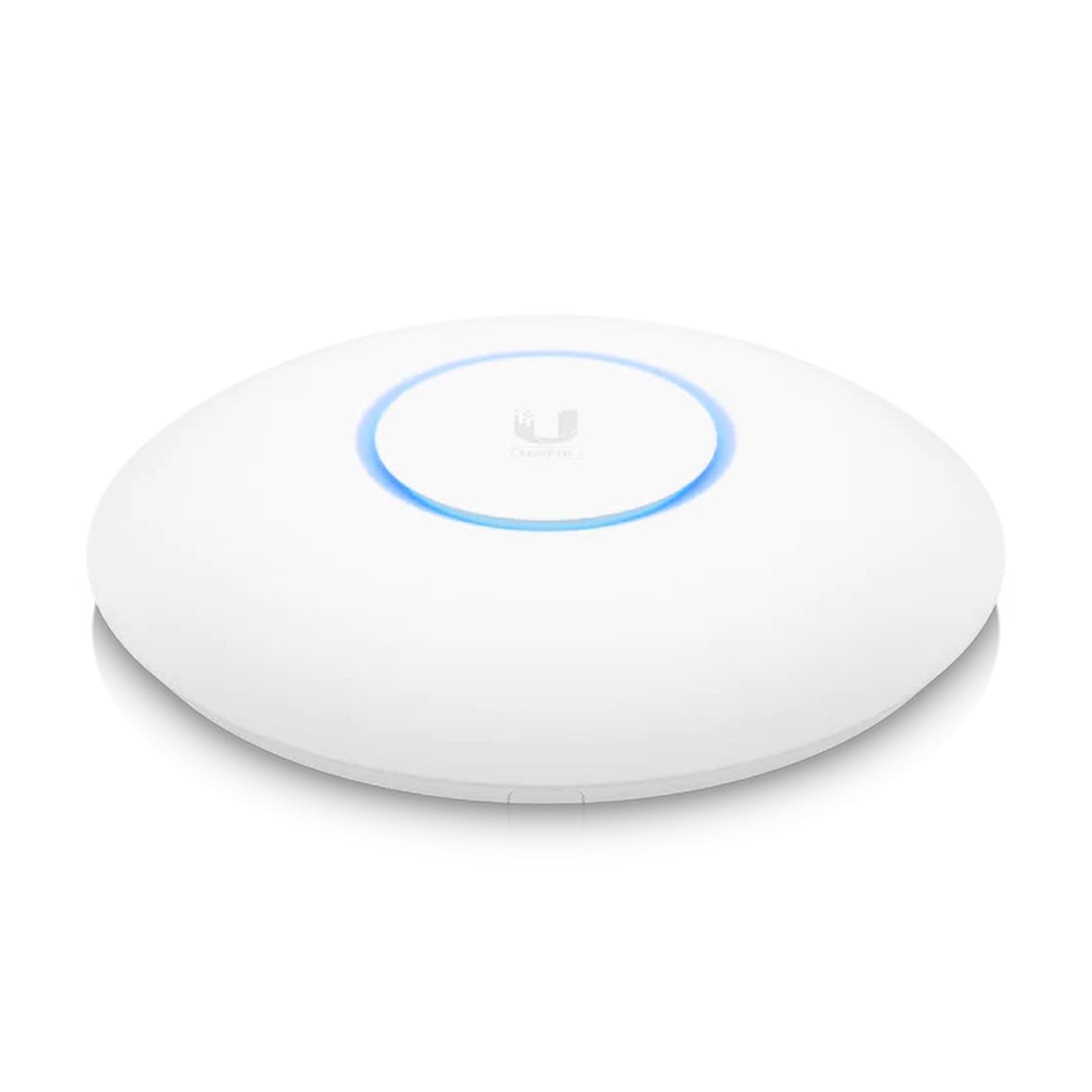 Ubiquiti Unifi 6 Pro AX5300 WiFi 6 access point, rund og hvid med blå LED-ring og diskret logo.