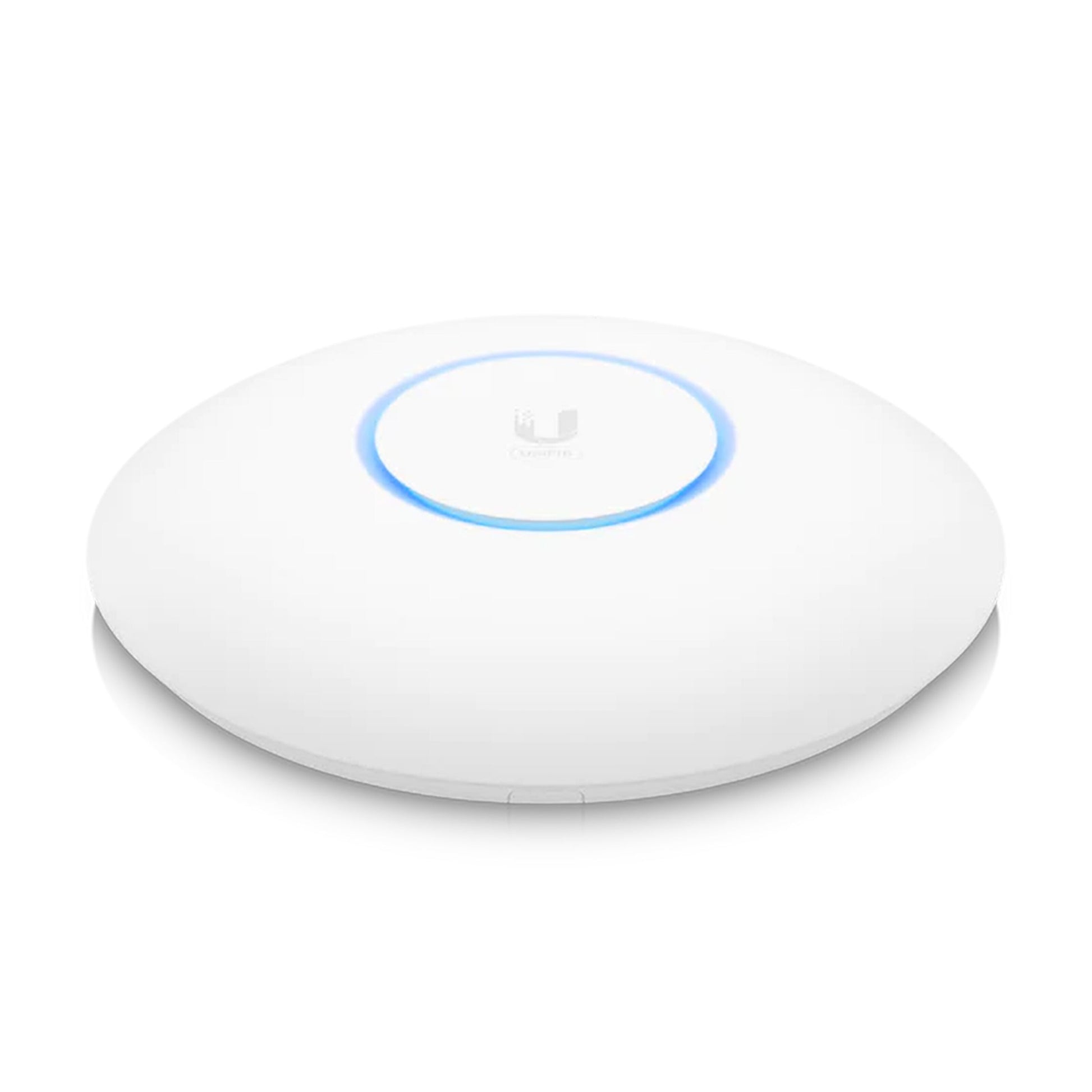 Ubiquiti Unifi 6 Pro AX5300 WiFi 6 access point, rund og hvid med blå LED-ring og diskret logo.