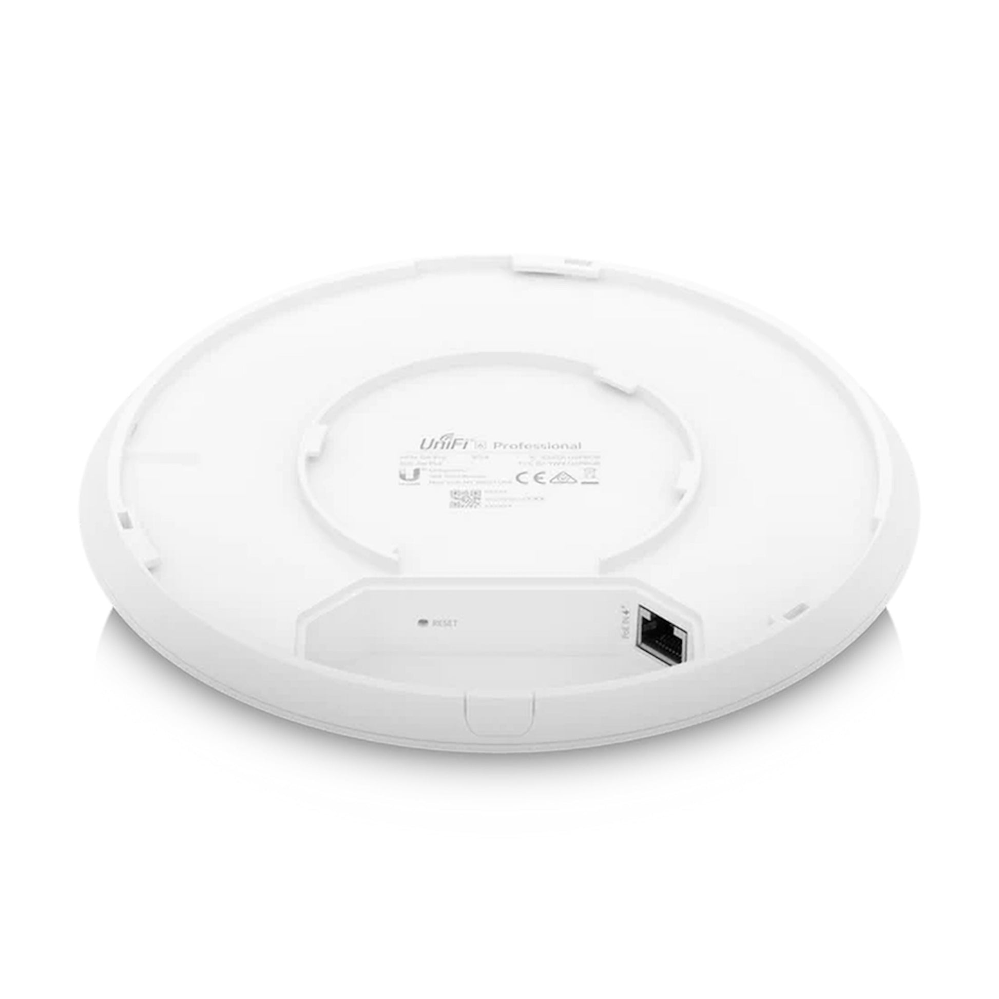 Ubiquiti Unifi 6 Pro AX5300 adgangspunkt, hvid, set nedefra med reset-knap, Ethernet-port og centrale produktdetaljer.