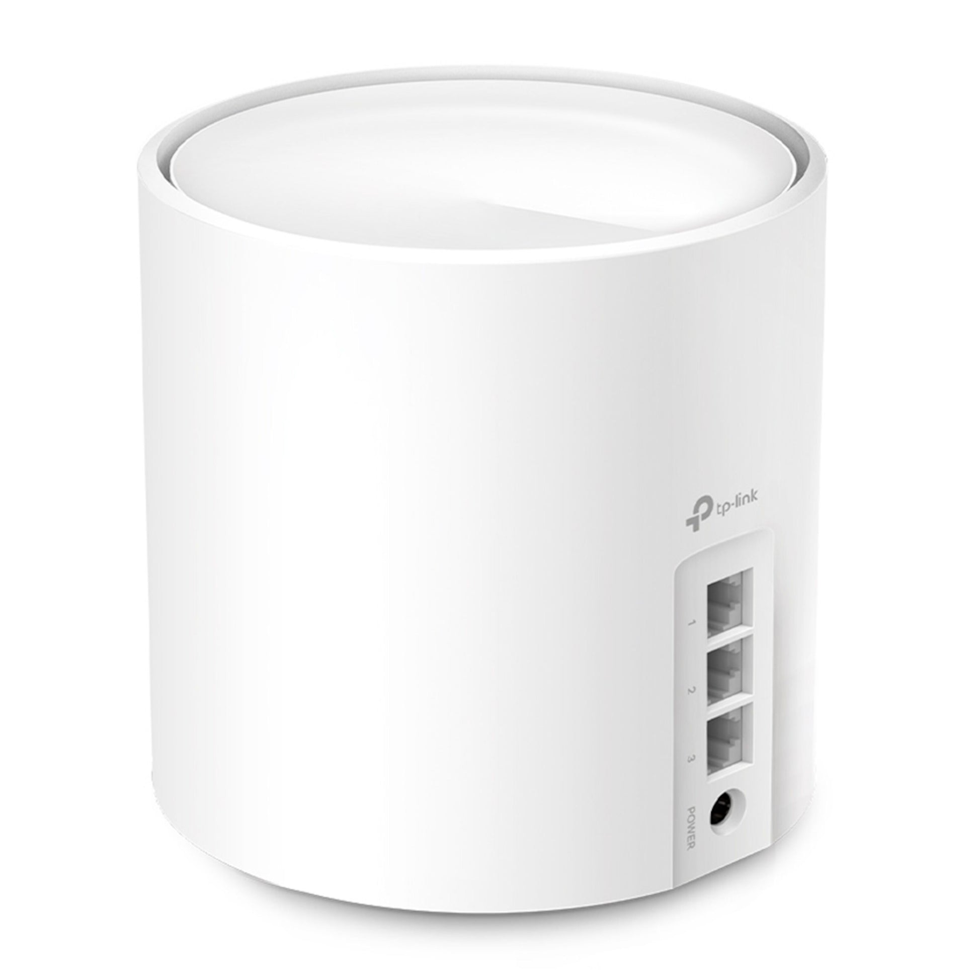 TP-Link Deco X50 AX3000 1-pak mesh WiFi-router, hvid cylinder, tre Ethernet-porte og strømstik bagpå.