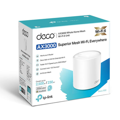 TP-Link Deco X50 AX3000 mesh-system 1-pak, WiFi 6 op til 3000 Mbps, dækker 230 m², understøtter 150+ enheder, Alexa-understøttelse.