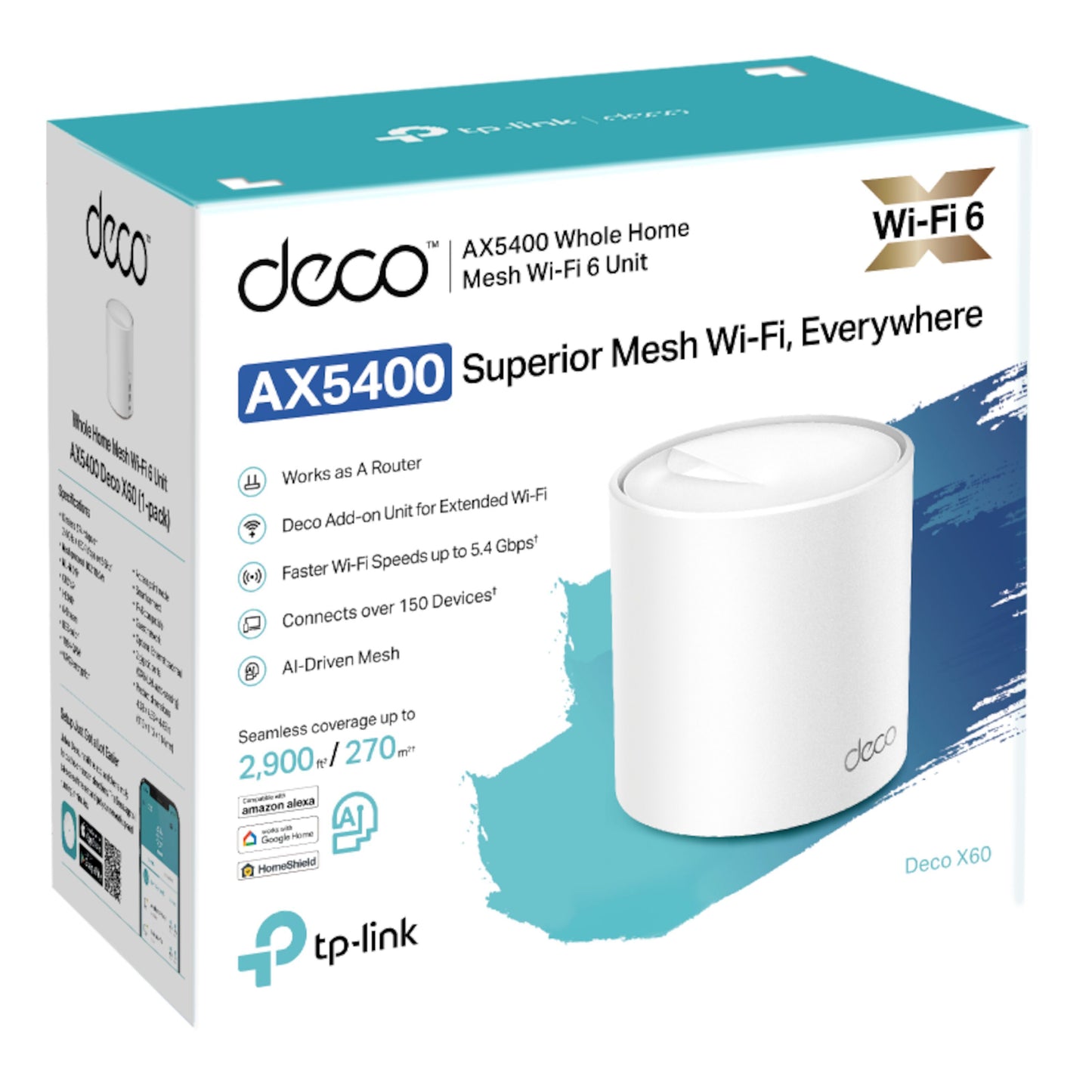 TP-Link Deco X60 V3.20 mesh AX5400 1-pakning, cylindrisk design, Wi-Fi 6, op til 2.900 sq ft dækning, 5,4 Gbps hastighed.
