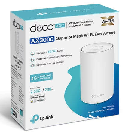 TP-Link Deco X50-4G router AX3000 modem hastighed op til 3000 Mbps, dækning 2500 sq.ft., Amazon Alexa kompatibel boks.