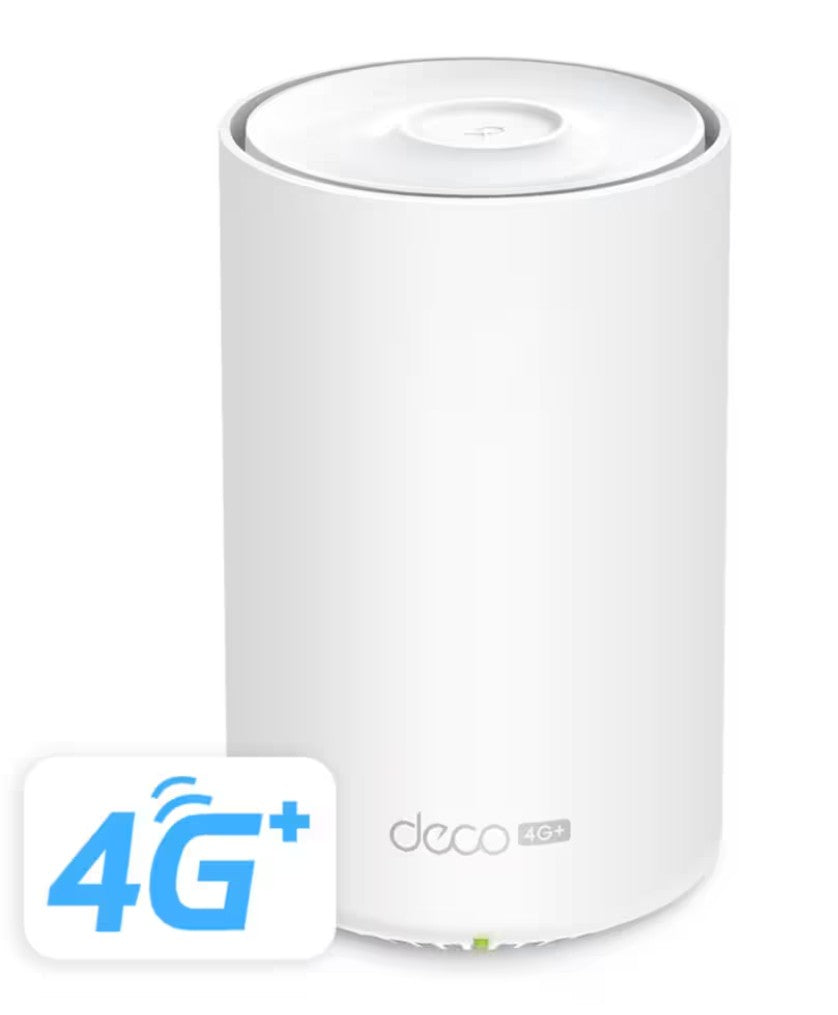 TP-Link Deco X50-4G 4G+ router AX3000 cylinderformet, blåt og hvidt 4G+ logo nederst til venstre, mesh WiFi 6.
