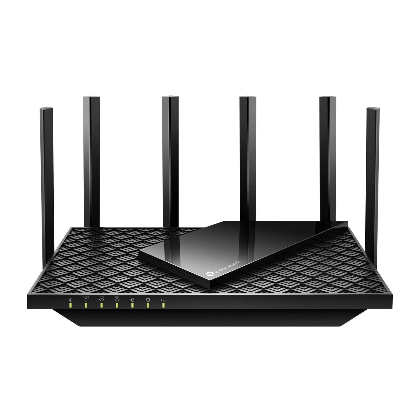 TP-Link Archer AXE75 router sort, WiFi 6E, seks antenner, frontindikatorer, glansfuld top, op til 5400 Mb/s.
