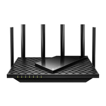 TP-Link Archer AXE75 router sort, WiFi 6E, seks antenner, frontindikatorer, glansfuld top, op til 5400 Mb/s.