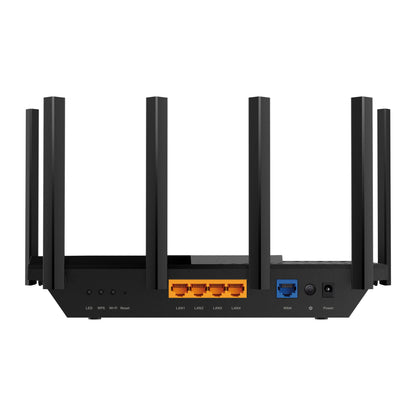 TP-Link Archer AXE75 WiFi 6E router sort, seks antenner, fire orange LAN-porte, blå WAN-port, tri-band op til 5400 Mb/s.