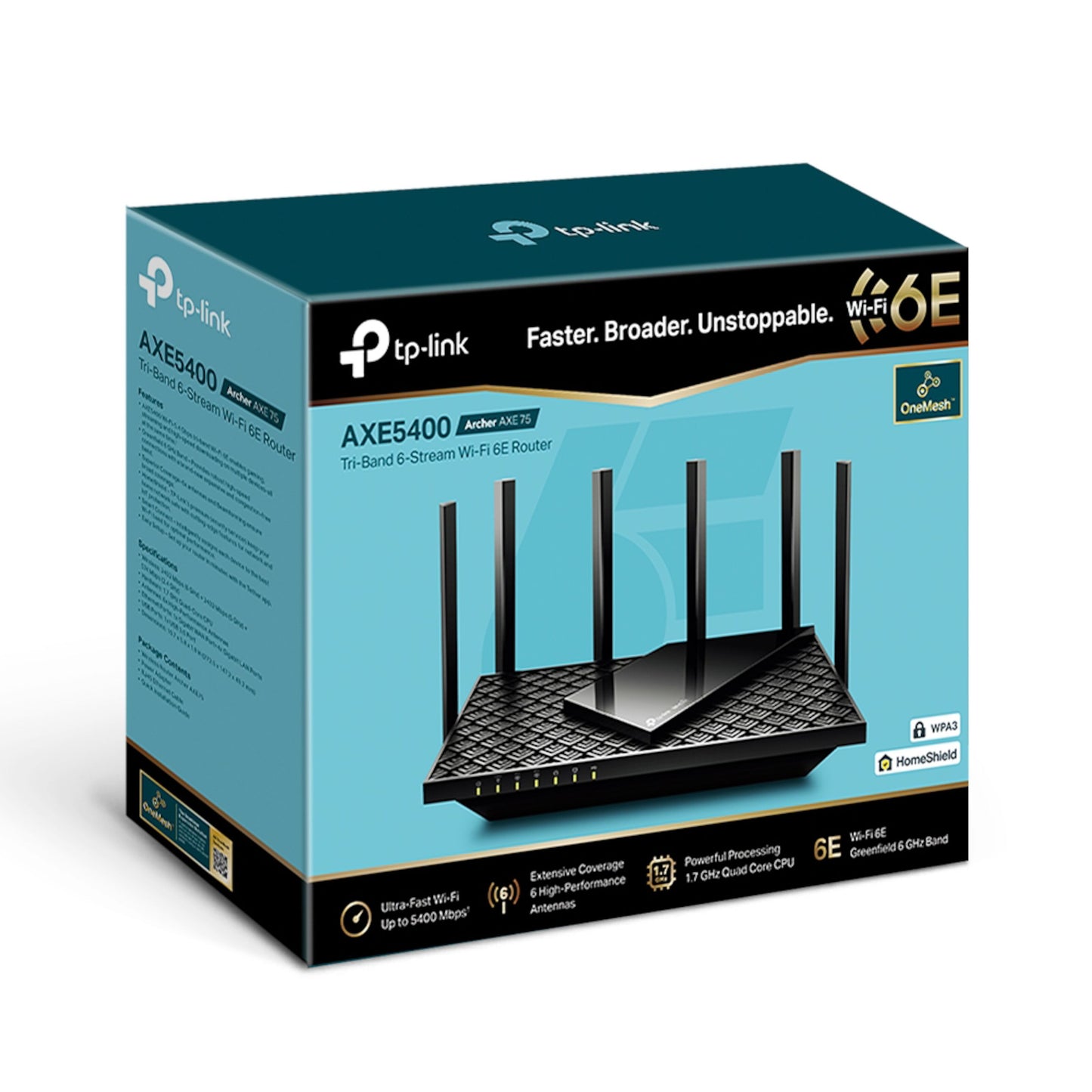 TP-Link Archer AXE75 router sort med seks antenner, Wifi 6E logo på kassen, 5400 Mb/s, HomeShield security.