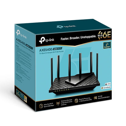 TP-Link Archer AXE75 router sort med seks antenner, Wifi 6E logo på kassen, 5400 Mb/s, HomeShield security.