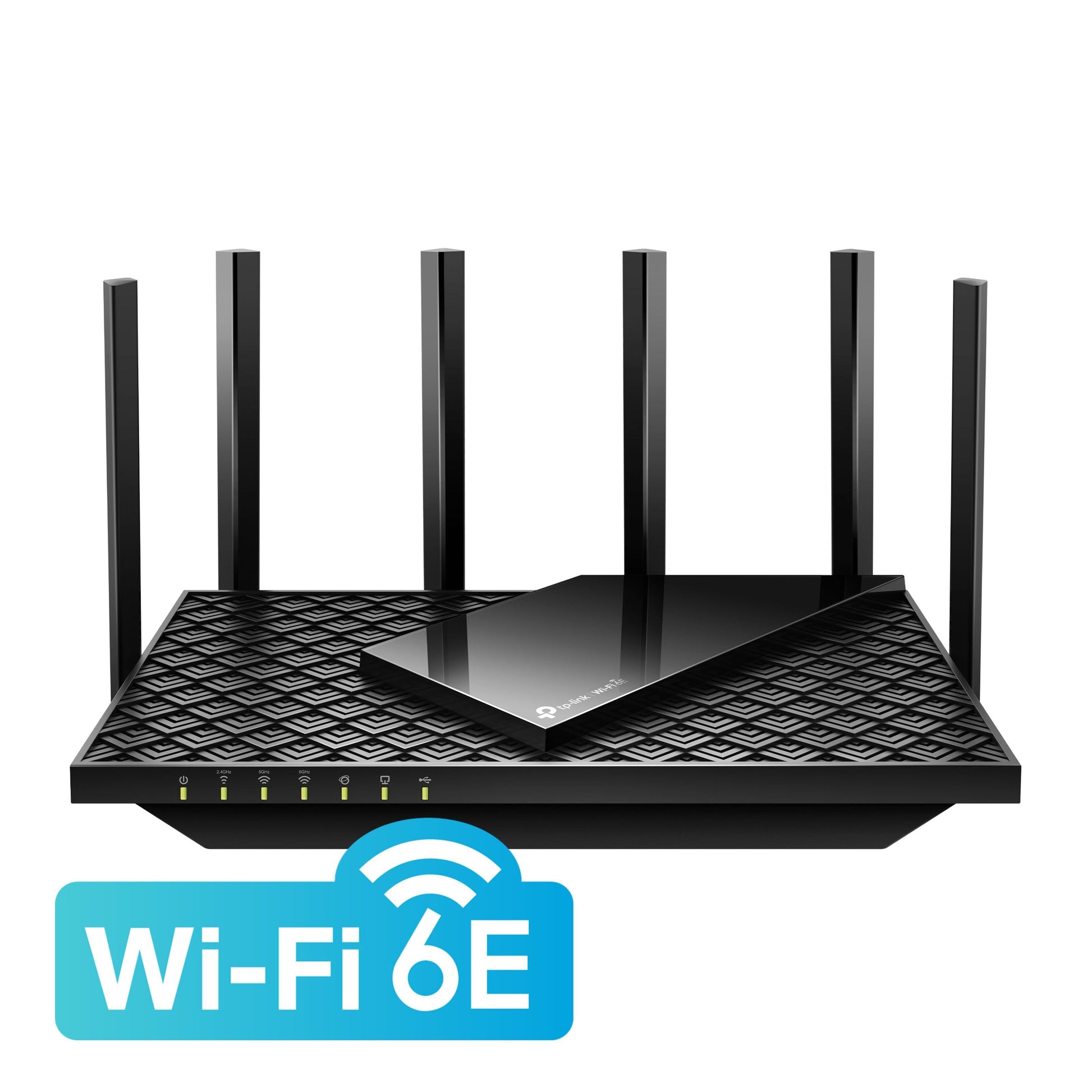 TP-Link Archer AXE75 WiFi 6E router sort tekstureret top, seks antenner, op til 5400 Mb/s, blåt WiFi 6E-logo i hjørne.