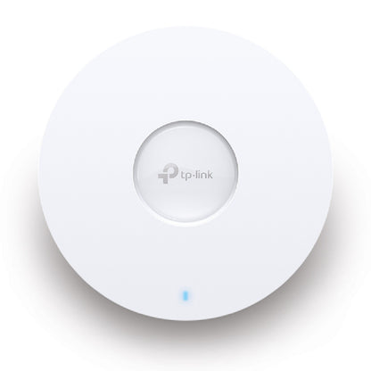 TP-Link Omada EAP670 Wifi 6 Access Point AX5400 hvid rund enhed med TP-Link logo midt og lille blå LED indikator nederst.