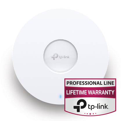 TP-Link Omada EAP670 AX5400 WiFi 6 access point hvid, rundt design, centralt logo, tekst: PROFESSIONAL LINE LIVSTIDSGARANTI.