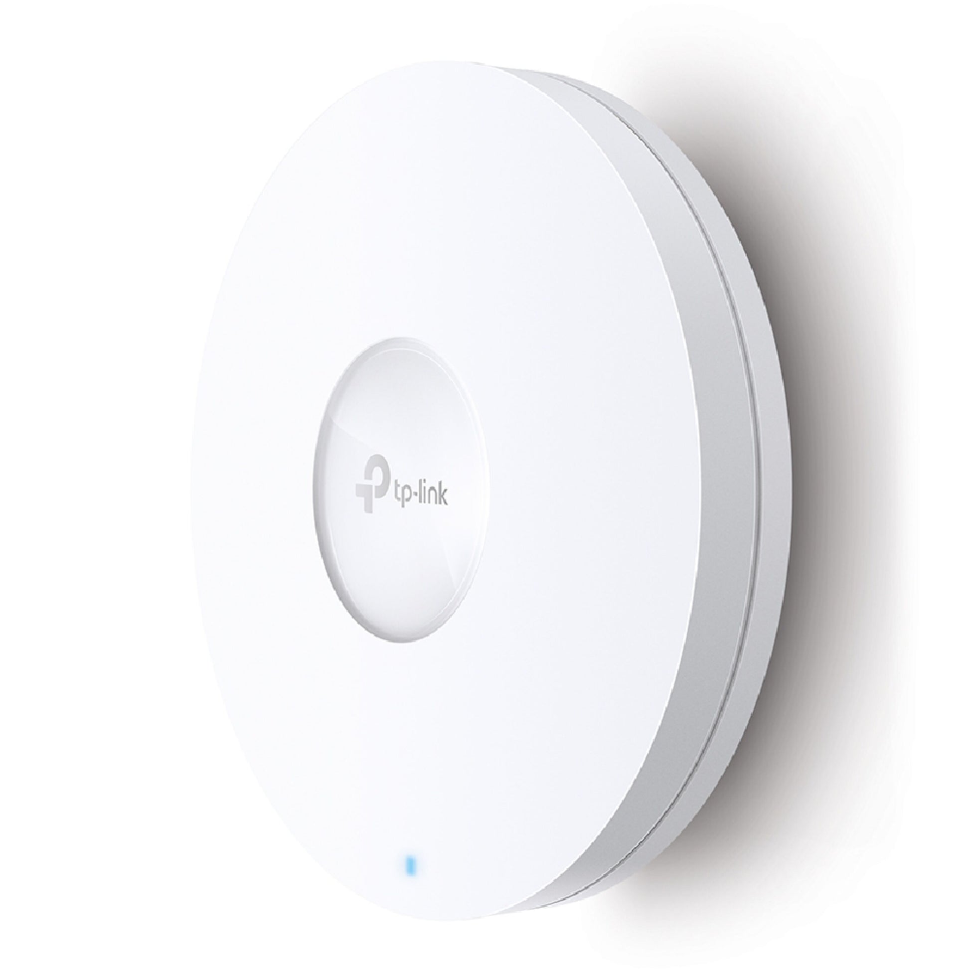 TP-Link Omada EAP670 WiFi 6 AX5400 access point hvid, rund, vægmonteret, centralt logo og lille LED-indikator nederst.