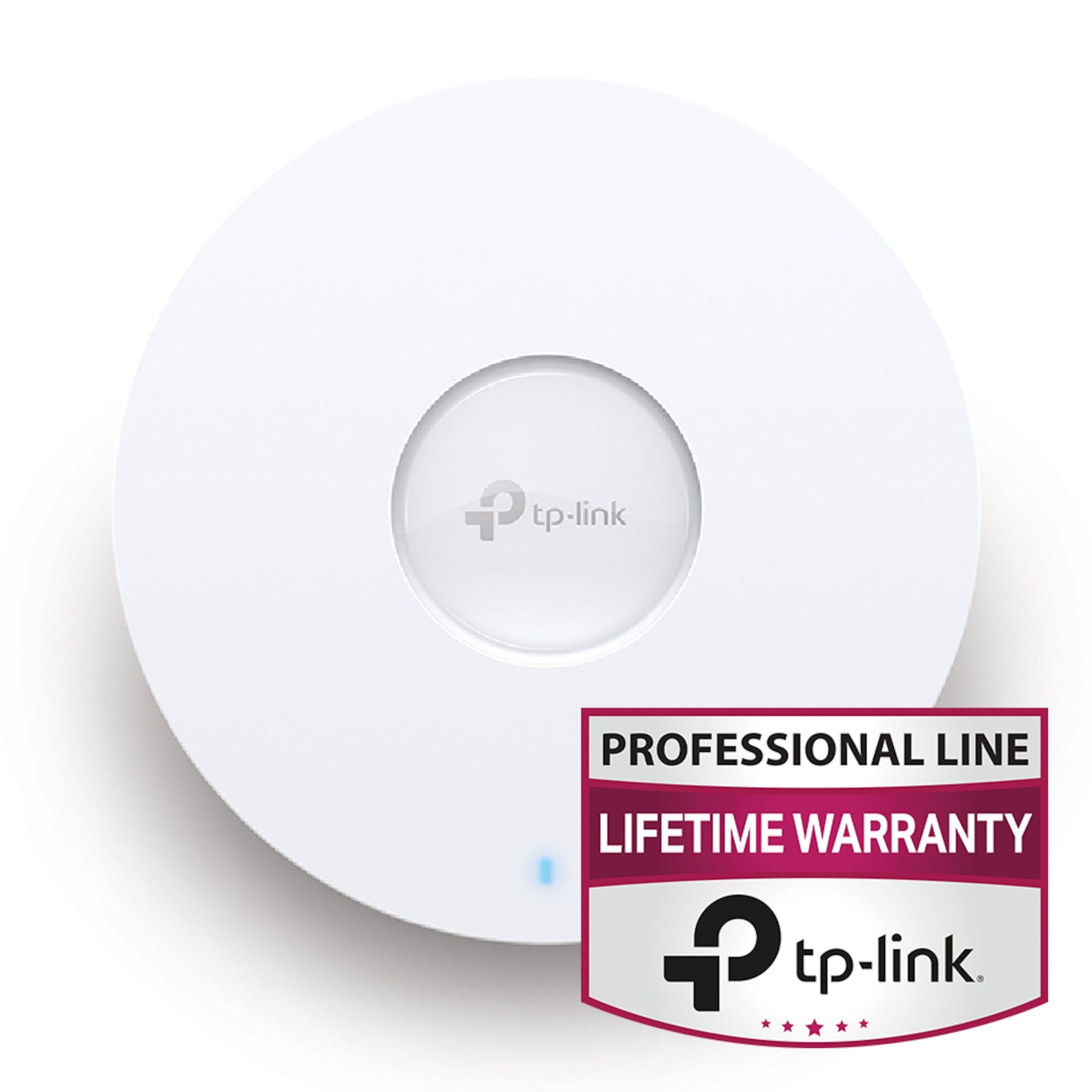 TP-Link Omada EAP670 Wifi 6 AX5400 access point, hvid, rund med blå indikator og "Professional Line Lifetime Warranty"-badge.