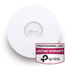 TP-Link Omada EAP670 Wifi 6 AX5400 access point, hvid, rund med blå indikator og "Professional Line Lifetime Warranty"-badge.
