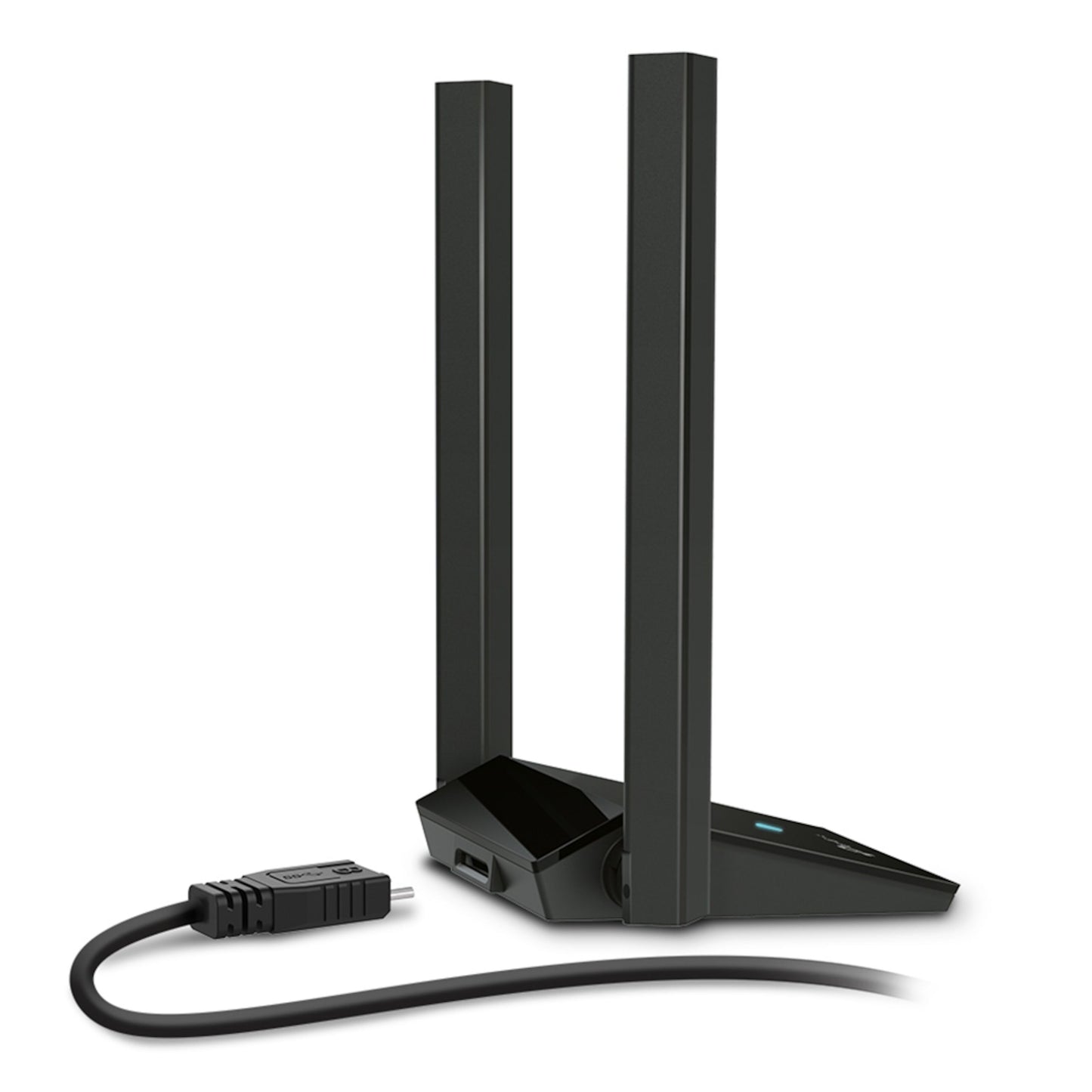 TP-Link Archer TX20U Plus AX1800 sort WiFi USB netværkskort med to lodrette antenner, fod og USB-kabel.