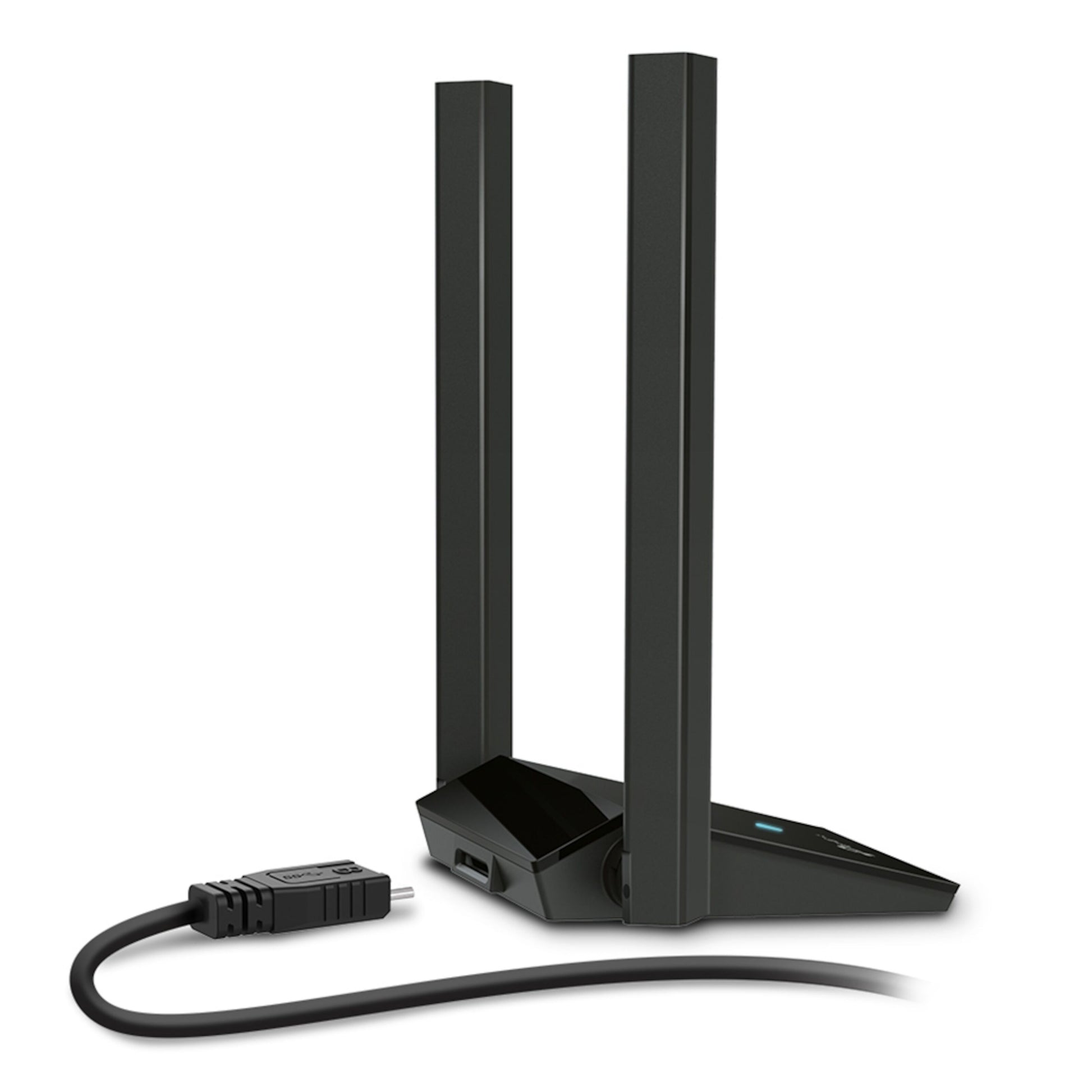 TP-Link Archer TX20U Plus AX1800 sort WiFi USB netværkskort med to lodrette antenner, fod og USB-kabel.