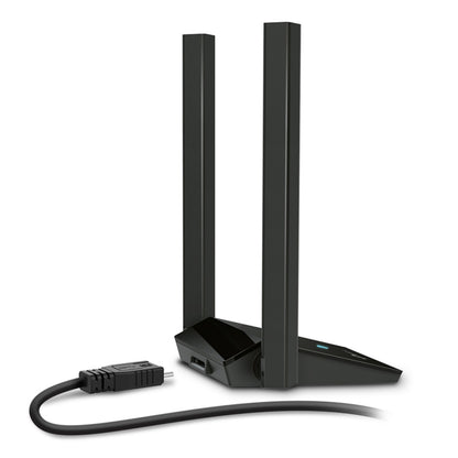 TP-Link Archer TX20U Plus AX1800 sort WiFi USB netværkskort med to lodrette antenner, fod og USB-kabel.