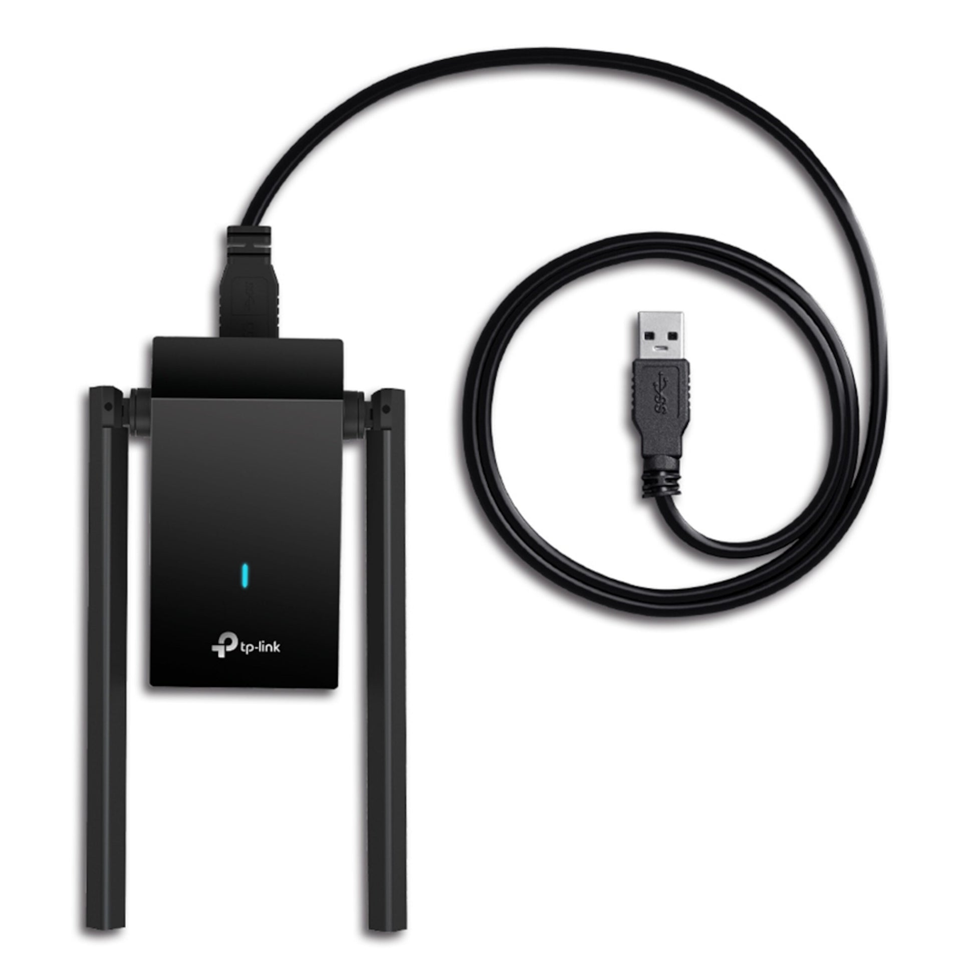 TP-Link Archer TX20U Plus AX1800 sort WiFi 6 USB netværkskort med to antenner, fastmonteret USB-kabel og WPA3.