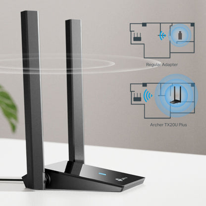 TP-Link Archer TX20U Plus AX1800 netværkskort sort med to antenner, Wi-Fi 6 signalstyrke vist med blå bølger.