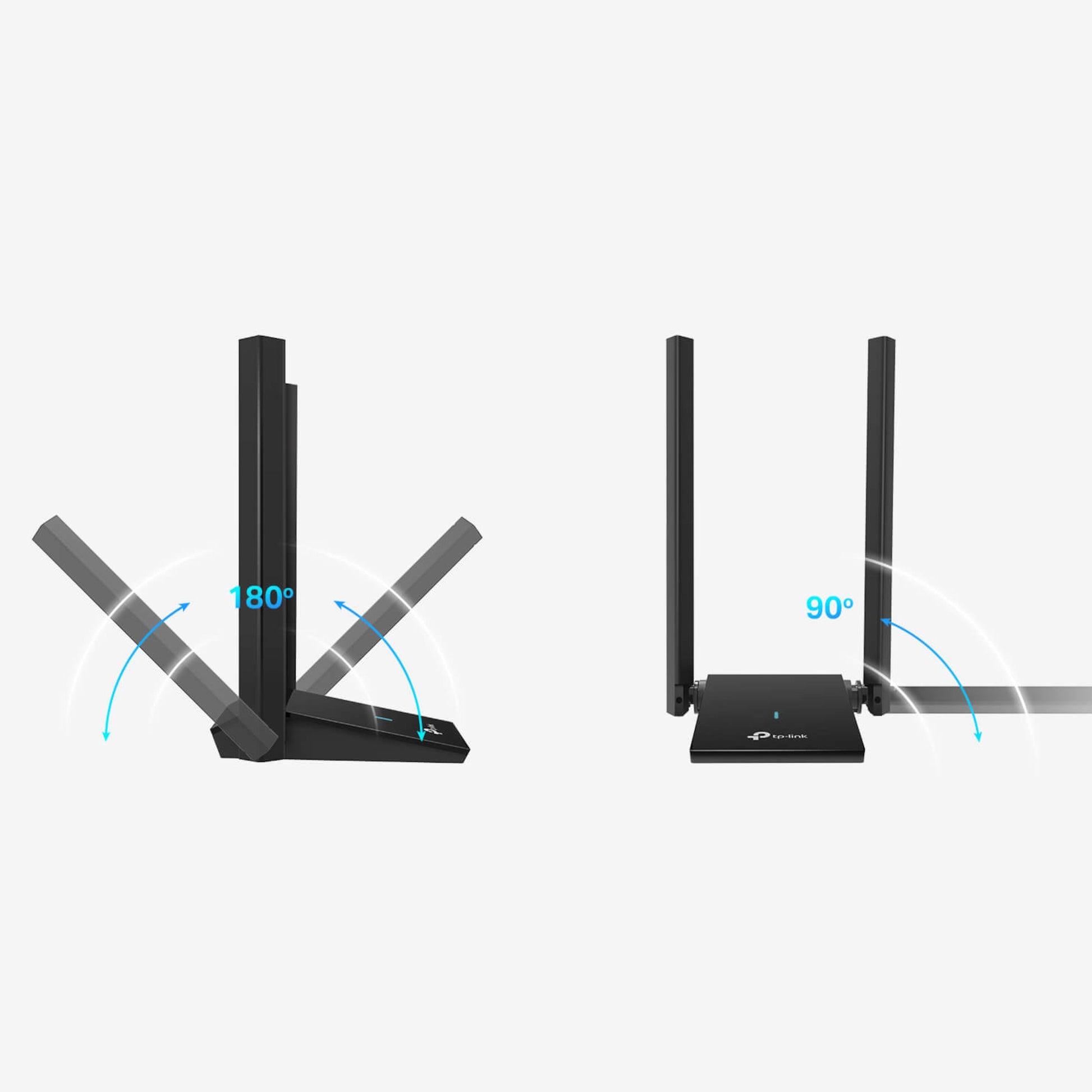 TP-Link Archer TX20U Plus AX1800 sorte WiFi-antenner, venstre justeres 180°, højre justeres 90°, blå pile viser vinkler.