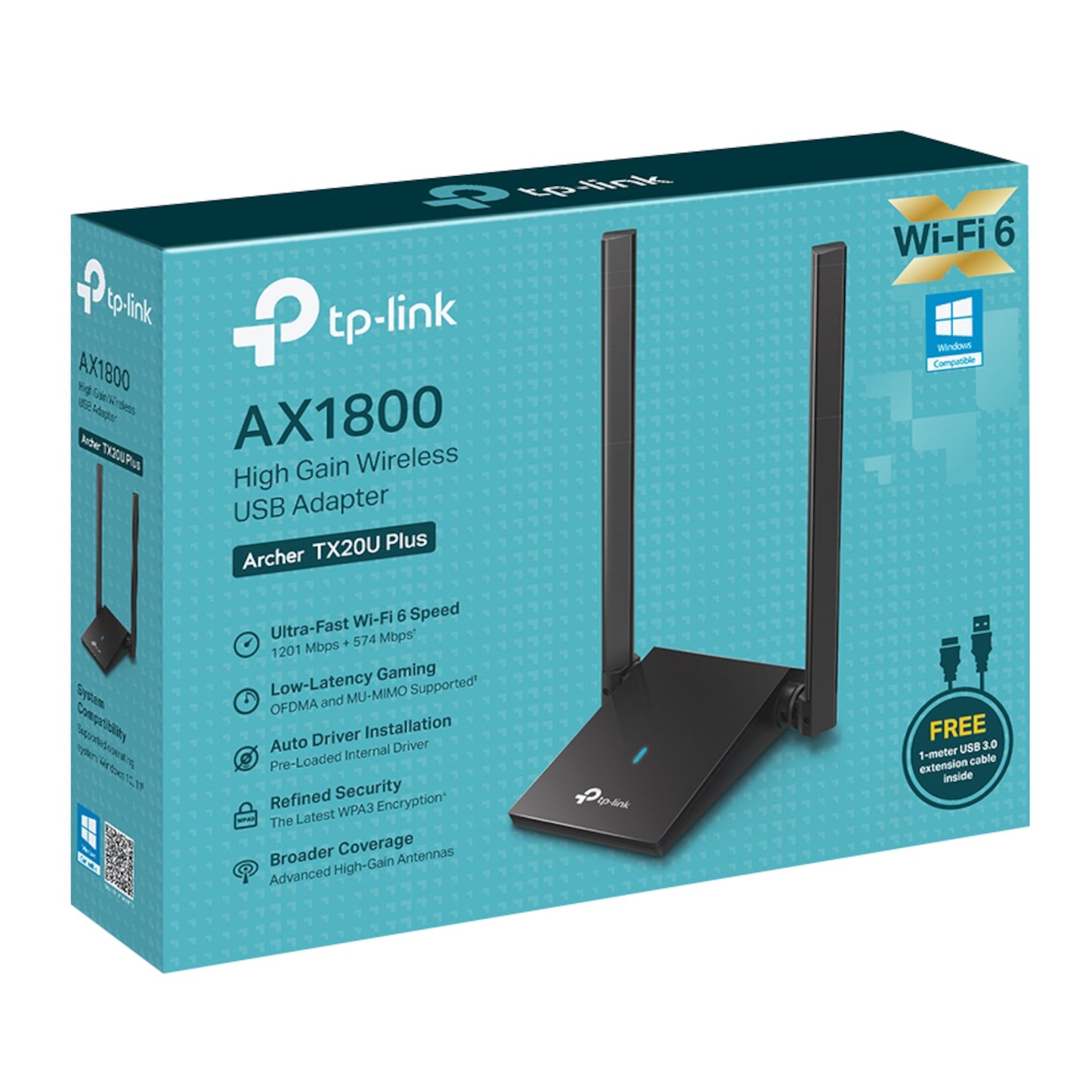 TP-Link Archer TX20U Plus netværkskort AX1800 æske med adapter, Wi-Fi 6, WPA3, høj hastighed og bred dækning.