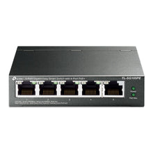 TP-Link TL-SG105PE sort administrerbar gigabit switch med 5 porte, heraf 4 PoE+, tydeligt markerede porte og front-LEDs.