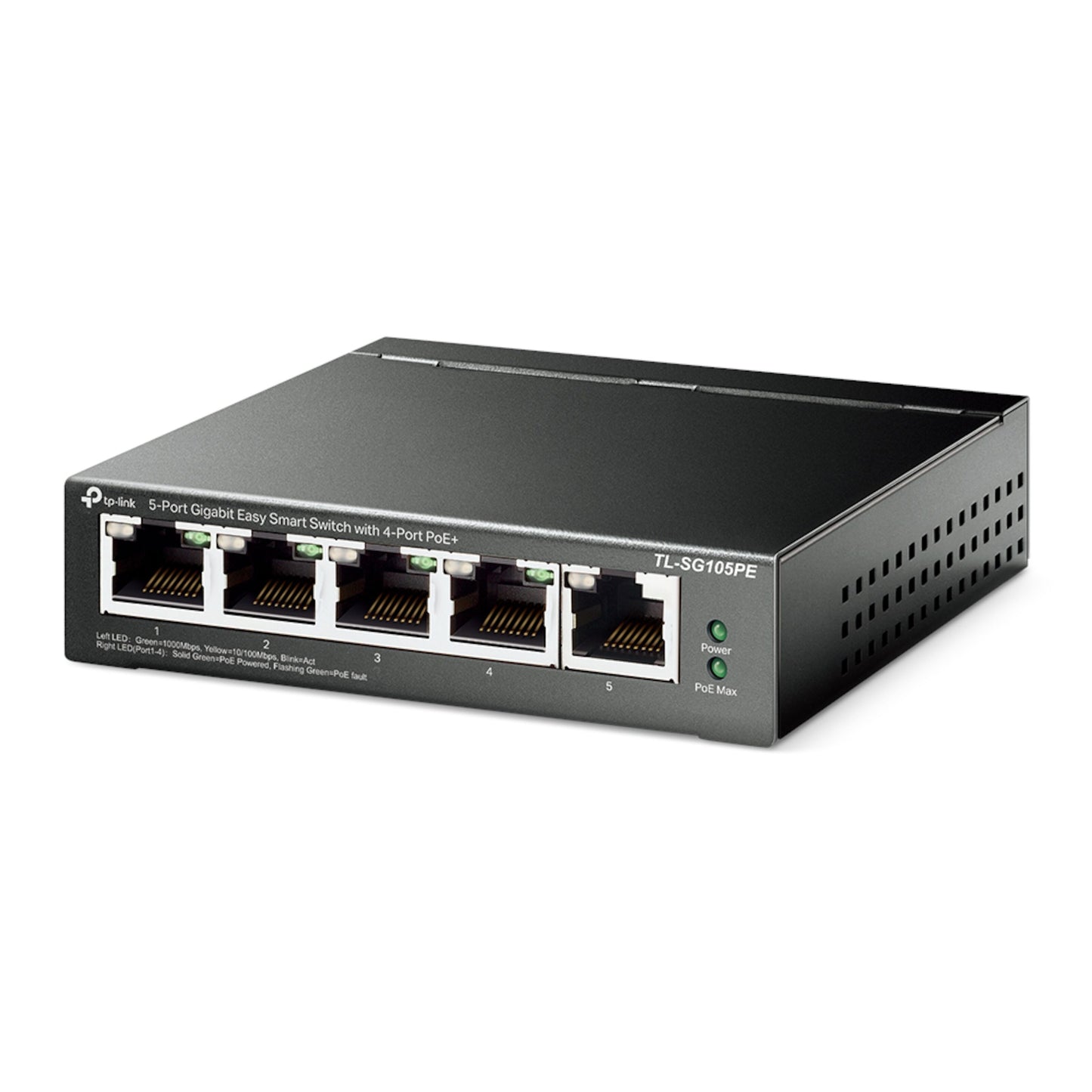 TP-Link TL-SG105PE sort managed gigabit switch med 5 frontvendte Ethernet-porte, LED-indikatorer, sideventilation, 4 PoE+ porte.