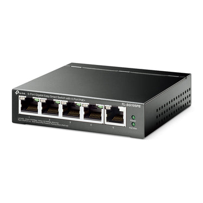 TP-Link TL-SG105PE sort managed gigabit switch med 5 frontvendte Ethernet-porte, LED-indikatorer, sideventilation, 4 PoE+ porte.