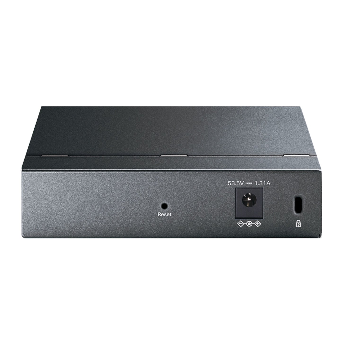 TP-Link TL-SG105PE sort PoE+ switch, 5 gigabit porte, resetknap, 53,5V 1,31A input, indikatorlys og låsesymbol front.