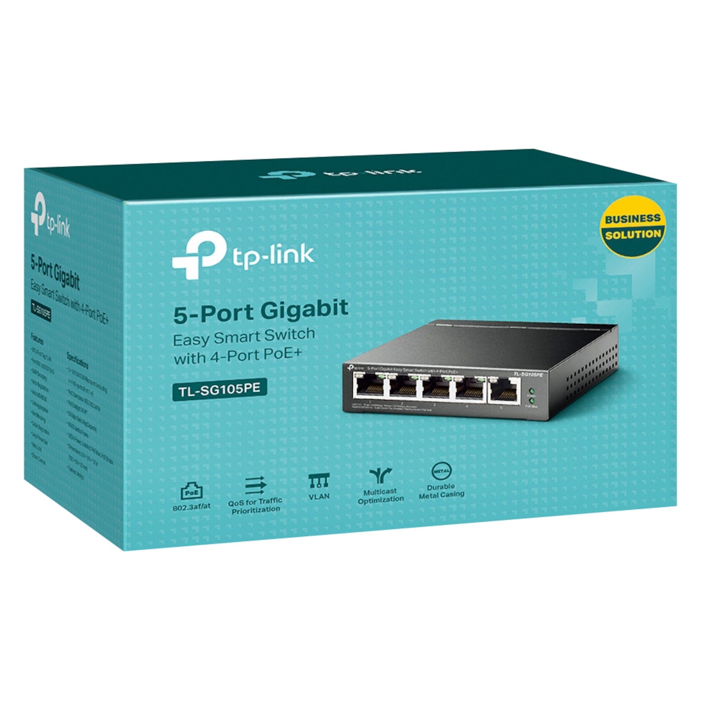 TP-Link TL-SG105PE 5-port PoE+ gigabit switch i teal æske med QoS, VLAN, Multicast og metal casing ikoner.