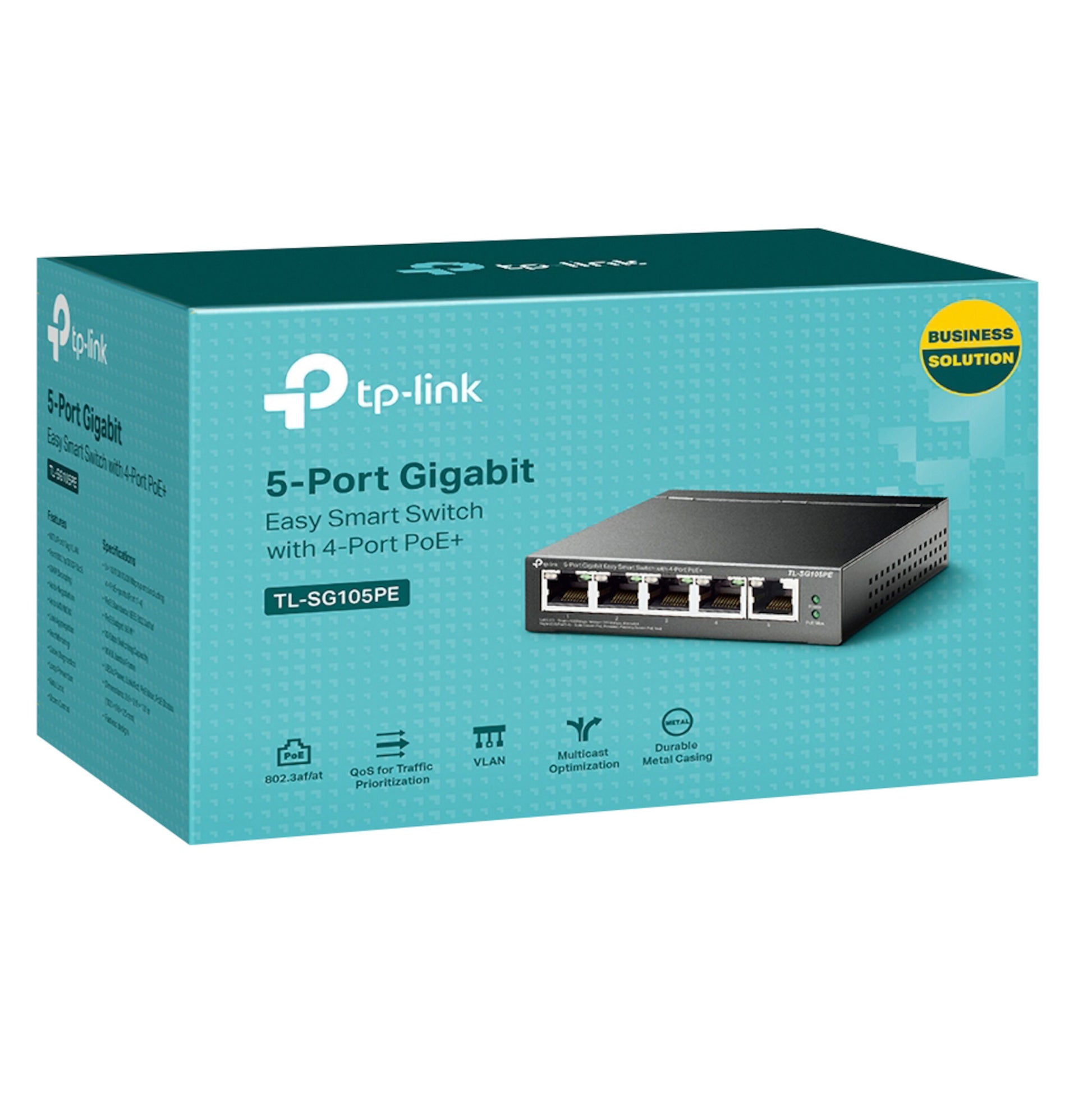 TP-Link TL-SG105PE 5-port PoE+ gigabit switch i teal æske med QoS, VLAN, Multicast og metal casing ikoner.
