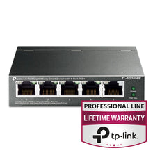 TP-Link TL-SG105PE 5-port PoE+ gigabit switch, front, med Professional Line Lifetime Warranty badge nederst til højre.